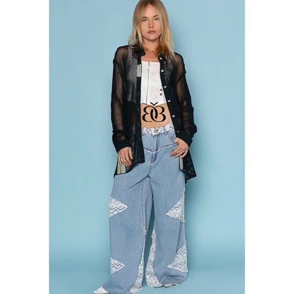 POL Vintage Washed Crochet Patched Straight Wide Leg Slouch Jeans - Picture 15 of 16